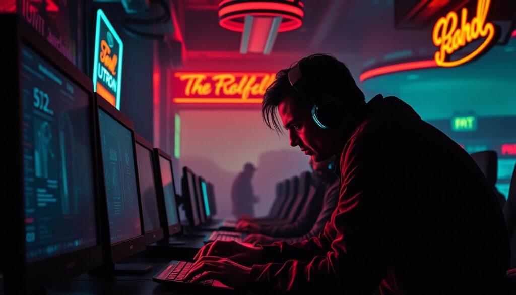 A dimly lit, seedy online gambling hall, its garish neon lights casting an eerie glow over the shadowy figures hunched over glowing screens. In the foreground, a nefarious-looking individual peers over the shoulder of an unsuspecting player, their fingers dancing across the keyboard as they attempt to infiltrate the system. The background is a hazy, distorted landscape, hinting at the tangled web of deception and corruption that lies behind the facade of this 'entertainment' venue. The scene conveys a sense of unease and danger, perfectly encapsulating the sinister nature of these 'fraudulent entertainment centers' and the need to be vigilant in protecting oneself from their predatory tactics.