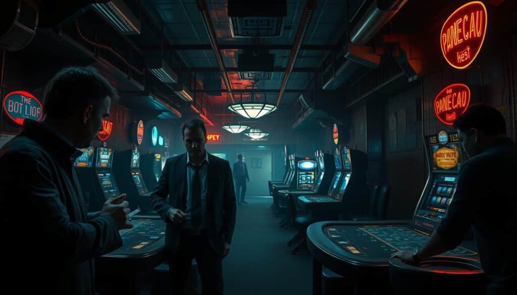 A dimly lit, seedy underground casino interior with an ominous atmosphere. In the foreground, shady-looking individuals engage in illicit activities - placing bets, handling cash, and exchanging suspicious gestures. The middle ground features a maze of gaming tables and slot machines, with neon lights casting an eerie glow. In the background, a sense of hidden surveillance and security cameras looms, hinting at the illegal nature of the operations. The scene is captured with a cinematic, low-angle perspective, conveying a sense of tension and the hidden dangers of the unlawful world of online gambling.