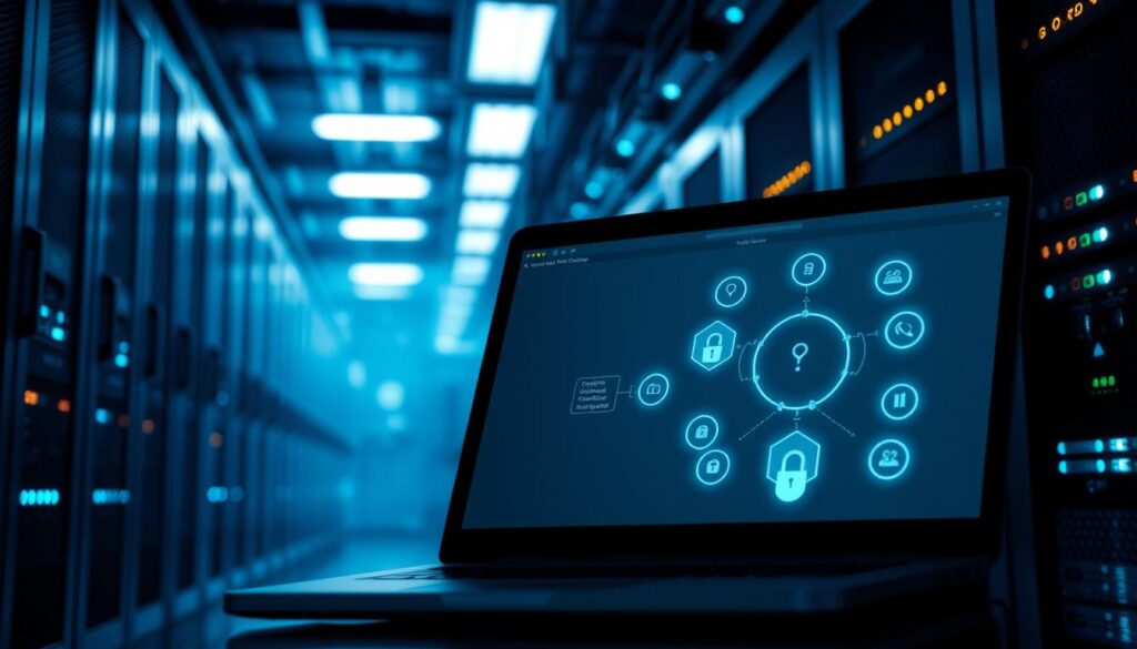 A dimly lit server room, with rows of secured computer racks and blinking LED lights. In the foreground, a laptop screen displays a secure online betting platform, the interface clean and intuitive. Soft blue hues cast an air of sophistication and trust. In the background, a network diagram illustrates the robust security measures in place, firewalls and encryption protocols safeguarding the user's data. The scene conveys a sense of reliability and safety, highlighting the importance of online gambling security for the discerning player.