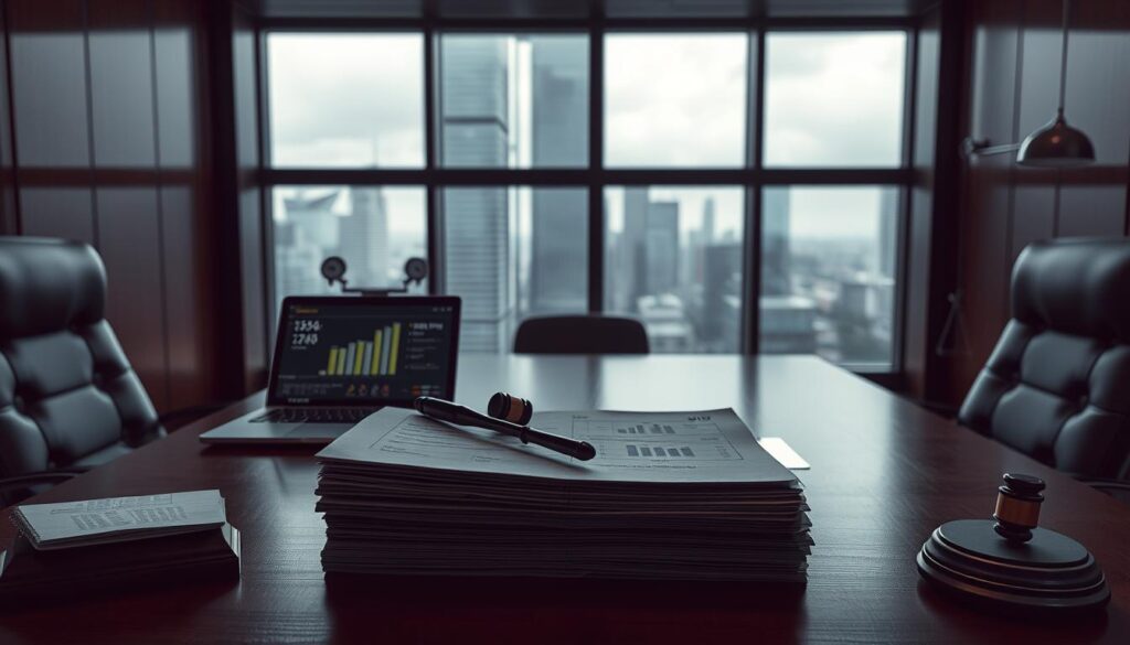 A dimly lit, sleek office interior with a large wooden desk and leather chairs. In the foreground, a stack of legal documents and a laptop display statistics and charts related to online gambling regulations. The middle ground features a panoramic window overlooking a modern cityscape, hinting at the broader context of the topic. Soft lighting casts a serious, authoritative mood, while subtle details like a gavel, scales of justice, and security camera icons suggest the weight of legal oversight. The composition conveys a sense of the complex challenges and high-stakes nature of governing the online casino industry.