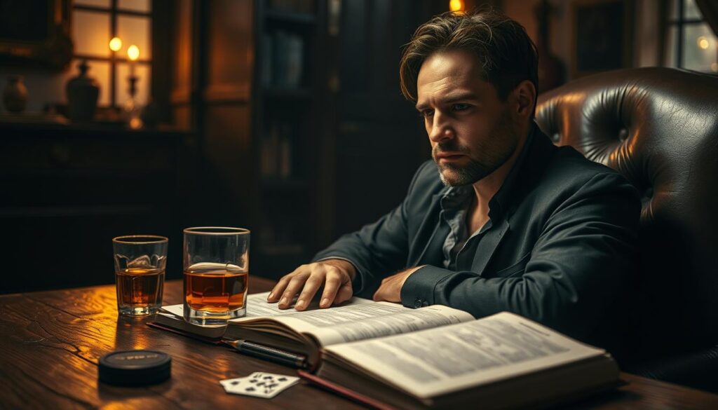 A dimly lit study, with a weathered oak desk and leather armchair. On the desk, an open book on poker strategy, alongside a glass of amber liquid and a well-worn pack of playing cards. A focused, intense expression on the face of the expert, as they contemplate their next move. Warm, directional lighting casts deep shadows, highlighting the concentration and seriousness of the scene. The background is blurred, emphasizing the subject, conveying a sense of contemplation and strategic thinking. A cinematic, moody atmosphere pervades the image, capturing the essence of a poker expert's deep dive into the nuances of the game.