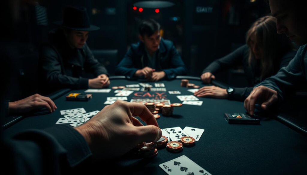A dimly lit table featuring a Texas Hold'em poker game, with cards, chips, and a player's hand visible. In the foreground, a hand strategically moves chips, showcasing the tactical placement and control of the betting pool. The middle ground focuses on the players' intense expressions, conveying the psychological tension of the game. The background depicts a shadowy, moody atmosphere, emphasizing the high-stakes nature of the match. Soft, dramatic lighting casts dramatic shadows, highlighting the strategic depth and mental acuity required to master the "pool control" technique in this psychological warfare of Texas Hold'em.