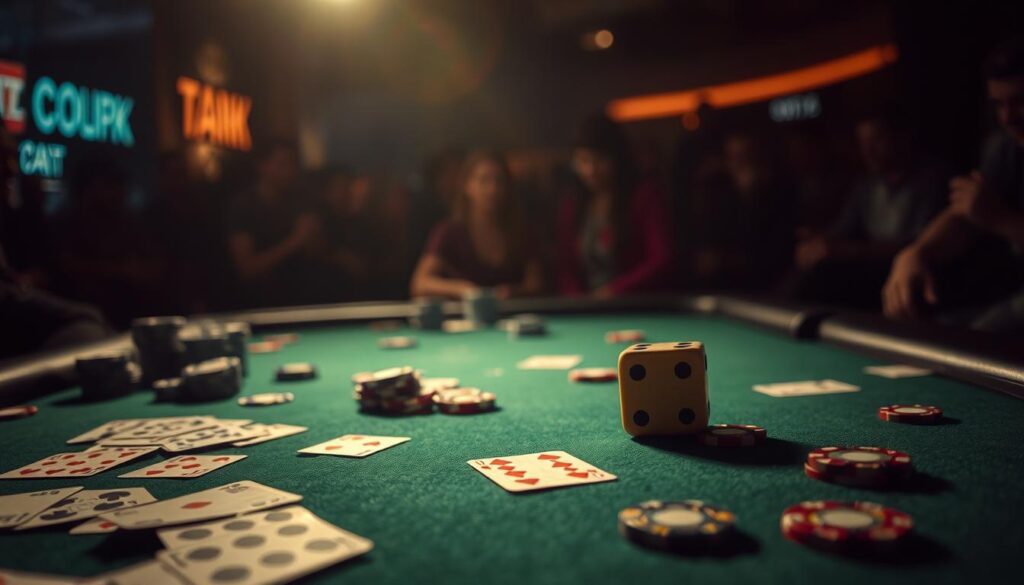 A dimly lit table, green felt surface, playing cards scattered haphazardly, poker chips in disarray. A single die, its face obscured, symbolizing the fickle fortunes of chance. Overhead, a single spotlight casts dramatic shadows, heightening the sense of uncertainty. In the background, a blurred crowd of players, their expressions inscrutable, the thrill of the game palpable. The scene conveys the essential role of luck in the high-stakes world of Texas Hold'em poker, where a single dice roll can make or break a player's fortunes.