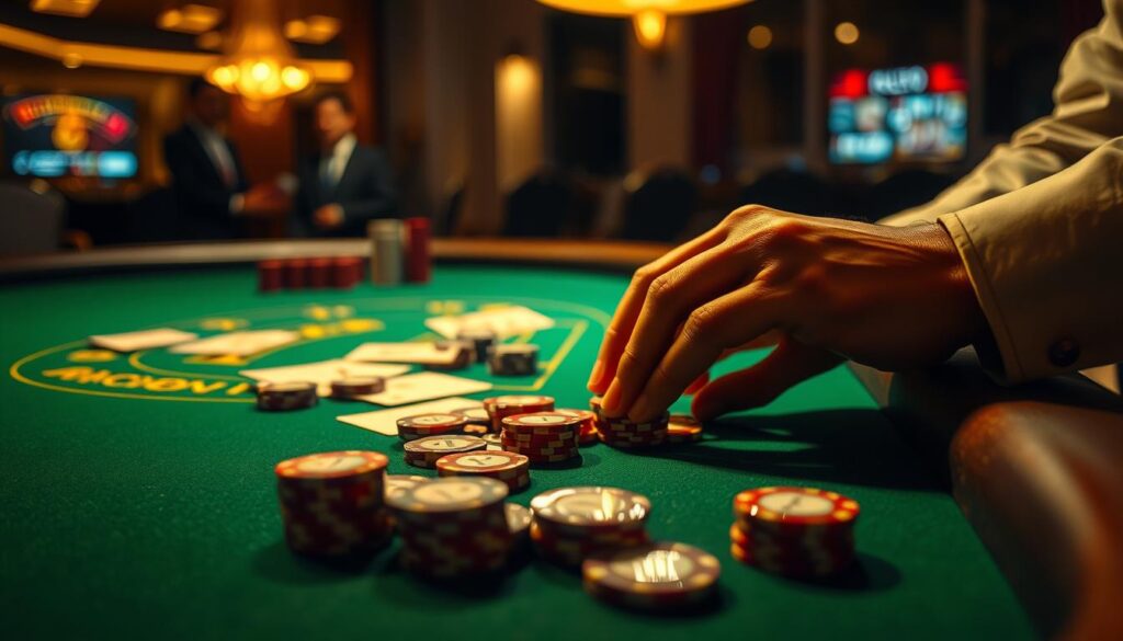 A dimly lit table in a casino setting, with a green felt surface and the iconic baccarat cards and chips scattered across it. In the foreground, a player's hands are carefully arranging their betting chips, contemplating their next move. The background is softly blurred, creating a sense of focus on the strategic decision-making process. Warm, golden lighting casts subtle shadows, evoking the tension and anticipation of the game. The scene conveys the careful deliberation and calculated risks inherent in a successful baccarat betting strategy.