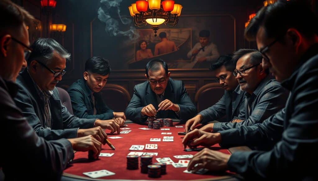 A dimly lit table in a cozy poker lounge, surrounded by focused players meticulously studying their cards. In the foreground, a seasoned Taiwanese gambler leans forward, eyes narrowed, calculating the best strategy to outmaneuver his opponents. The middle ground shows the communal cards on the table, the players' hands and chips poised for the next decisive move. In the background, a haze of cigar smoke creates an atmosphere of intense concentration, with the surrounding furniture and decor lending an air of old-world sophistication. Dramatic chiaroscuro lighting casts dramatic shadows, heightening the tension of the high-stakes game. The overall scene conveys the strategic expertise and competitive spirit of Taiwanese poker enthusiasts.
