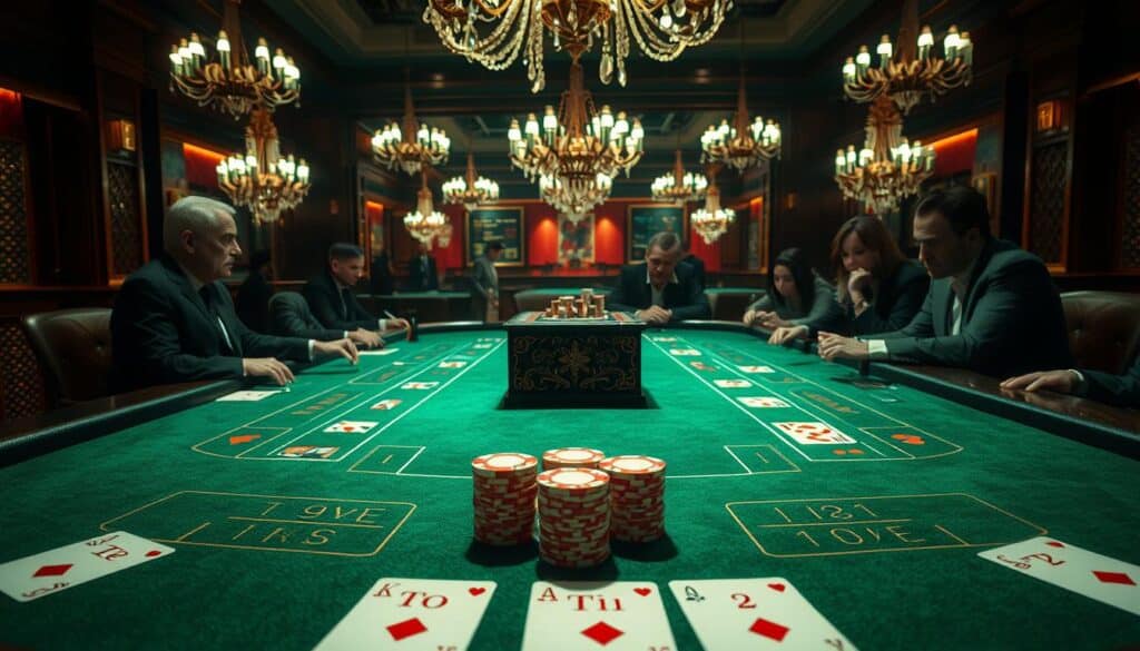 A dimly lit table in a high-end casino, the green felt surface reflecting the soft glow of elegant chandeliers overhead. Intricately carved dealer's box and a stack of casino chips in the center, surrounded by the classic Baccarat card layout - the Player, Banker, and Tie bets clearly marked. The air is charged with anticipation as players lean in, focused on the cards being dealt by the experienced croupier. The scene exudes an atmosphere of refined sophistication and the thrill of the ancient game of chance.