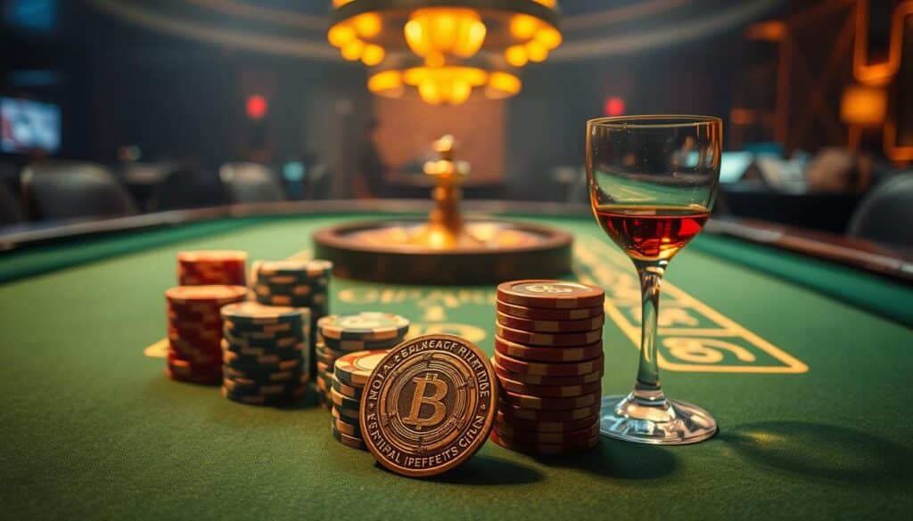 A dimly lit table in a high-stakes casino, the green felt surface reflecting the warm glow of amber-hued overhead lighting. Stacks of casino chips in varying denominations sit neatly arranged, while a pair of elegant, long-stemmed glasses filled with amber liquid flank an antique brass casino token. In the background, the faint outline of a croupier's wheel and cards can be seen, hinting at the game being played. The atmosphere is one of calculated strategy, where every move is carefully considered to maximize the chances of winning at the popular Baccarat table.