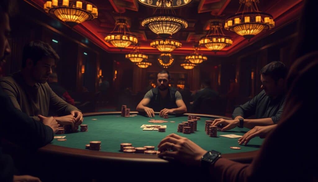 A dimly lit table in a hushed casino, green felt surface reflecting the warm glow of overhead chandeliers. Stacks of casino chips in muted tones sit before players, hands poised, faces hidden in shadow. The air is thick with anticipation, the only sound the subtle shuffle of cards. A solitary player, their expression unreadable, contemplates their next move, the weight of the decision palpable. The image conveys the mysterious allure and potential pitfalls of Texas Hold'em, a game where skill, luck, and restraint collide.