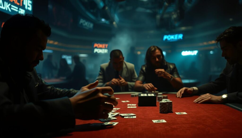 A dimly lit table in a smoky, high-stakes poker hall. In the foreground, a player's hands carefully arrange their cards, their face obscured by the shadows. Across the table, the other players lean in, their expressions a study in concentration and calculated risk. The background is a hazy, out-of-focus scene of other players engaged in their own strategic dance, the air thick with the tension of the game. Dramatic chiaroscuro lighting casts dramatic shadows, emphasizing the intensity of the moment. The overall mood is one of strategic contemplation, the thrill of the game palpable.