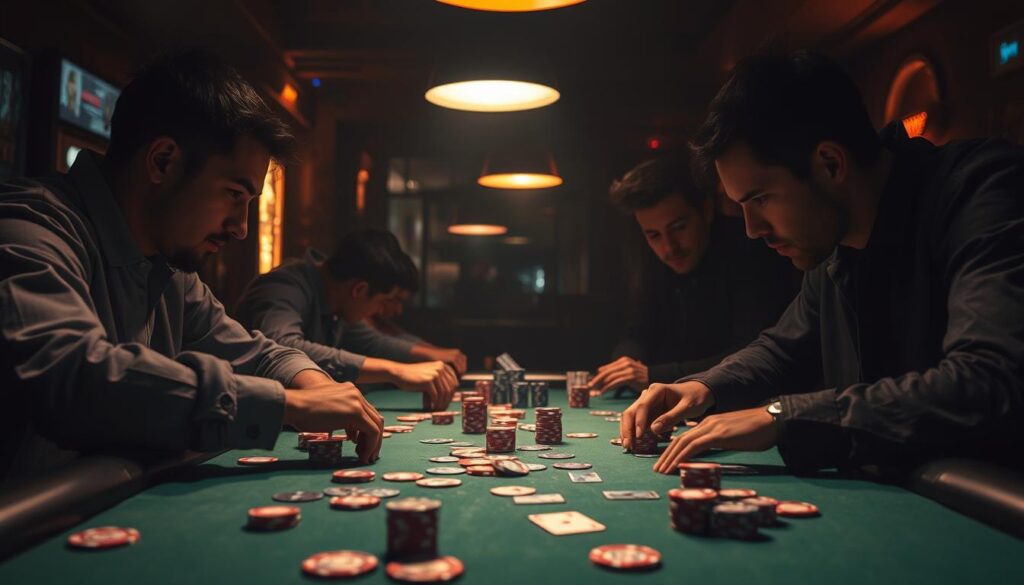 A dimly lit table, the green felt surface illuminated by the warm glow of overhead lamps. Poker chips and cards are scattered, reflecting the intensity of the game in progress. Players lean in, eyes narrowed, faces masking their true emotions as they engage in a silent battle of wits and nerve. The atmosphere is tense, the air thick with the weight of high stakes and strategic maneuvering. Shadows cast by the players create a sense of mystery and hidden motives, hinting at the psychological warfare unfolding on the table. The camera angle is slightly elevated, capturing the strategic layout of the game and the players' body language, offering a glimpse into the captivating world of high-stakes poker.