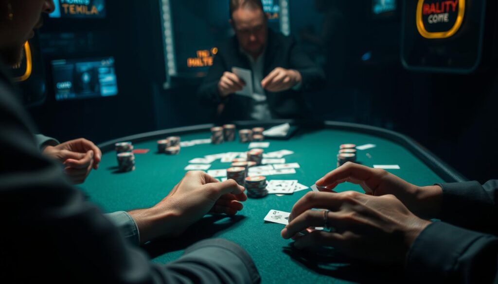 A dimly lit table with a green felt surface, the cards and chips meticulously arranged. The dealer's hands expertly shuffling the deck, creating a rhythmic anticipation. In the foreground, a player's hands carefully evaluating their cards, considering their next move. The room is filled with the hush of concentration, broken only by the occasional clack of chips and the murmur of strategy. Soft lighting casts dramatic shadows, heightening the tension and excitement of the Texas Hold'em game. The scene captures the essence of the fundamental rules of this captivating poker variant.
