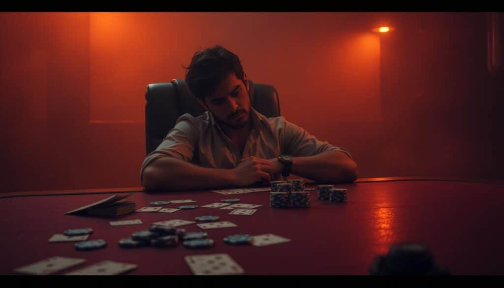 A dimly lit table with a scattered deck of cards, a handful of poker chips, and a dejected-looking player leaning back in their chair. The scene is bathed in a warm, amber glow, creating a somber, introspective atmosphere. The player's expression reflects a mixture of disappointment and contemplation, as they ponder their next move in the face of unfavorable luck. The background is hazy, with a sense of depth and a subtle, moody ambiance, drawing the viewer's attention to the central figure and their pensive, strategic dilemma.