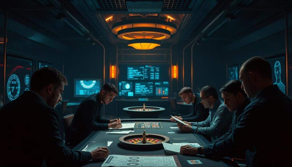 A dimly lit training room, with a sense of focus and intensity. In the foreground, a group of individuals intently studying gambling strategies and techniques, poring over charts and diagrams. The middle ground features a series of interactive displays and simulations, allowing them to practice and hone their skills. In the background, a backdrop of sophisticated casino-style elements, such as roulette wheels, card tables, and sleek, modern decor, creating an immersive and professional atmosphere. The lighting is a blend of warm, focused spotlights and subtle ambient illumination, casting dramatic shadows and highlighting the concentration of the trainees. The overall mood is one of determination, discipline, and the pursuit of mastery in the art of gambling within the context of the entertainment industry.