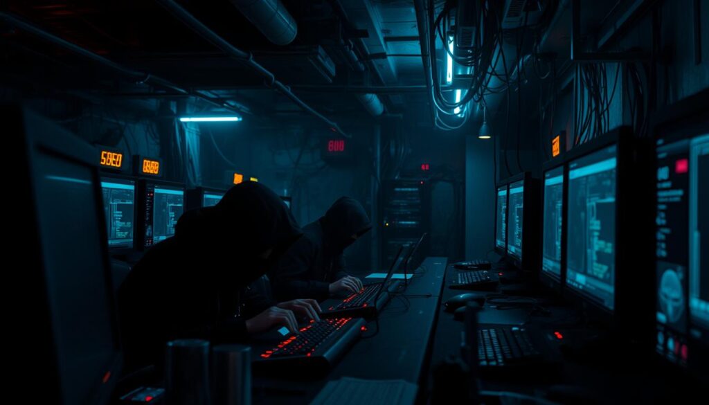 A dimly lit underground casino, illuminated by the eerie glow of computer screens. In the foreground, shadowy figures huddled around a table, fingers rapidly tapping on keyboards as they engage in illicit online gambling. The air is thick with tension, the only sound the muffled beeps and clicks of the devices. In the background, a tangled web of wires and servers, hinting at the complex infrastructure powering this clandestine operation. The mood is one of unease and suspicion, the sense of a criminal enterprise hiding in plain sight. A neon-tinged atmosphere of deception and desperation pervades the scene, a visual representation of the dangers of online gambling scams.