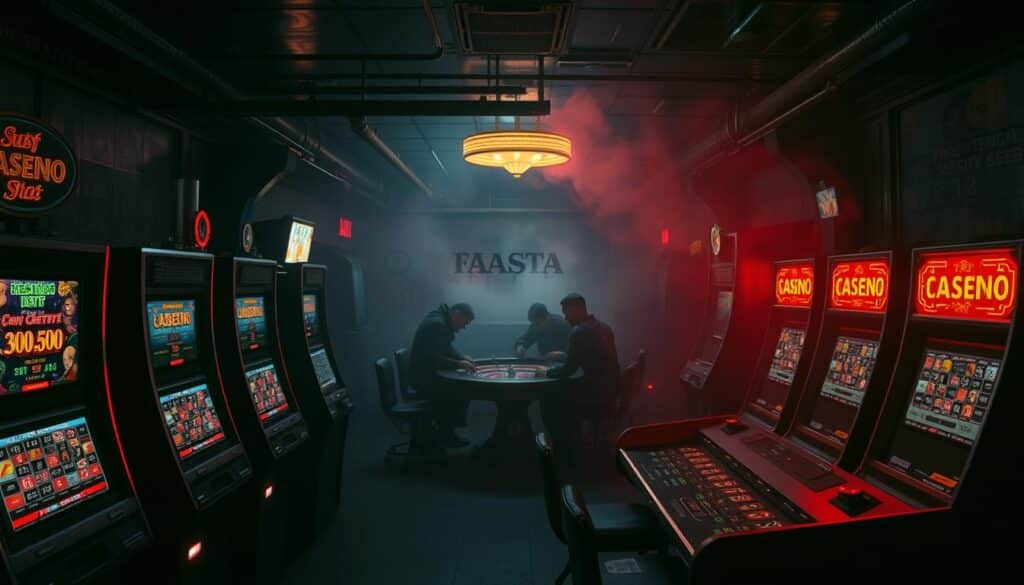 A dimly lit underground casino, its neon lights casting an eerie glow across the scene. In the foreground, a row of slot machines, their screens displaying enticing but dubious jackpot symbols. The middle ground reveals a group of shadowy figures huddled around a roulette table, the tension palpable as they place their bets. In the background, a hazy cloud of cigarette smoke obscures the exit, trapping the unsuspecting players in this high-risk, high-stakes entertainment hub. The atmosphere is one of danger and deception, reflecting the precarious nature of the "High-Risk Casino List" that this image aims to illustrate.