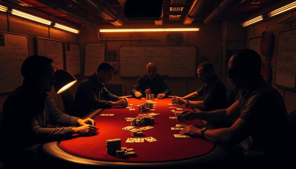A dimly lit underground training facility, where a group of Texas Hold'em poker masters hone their skills in strategic intensity. Shadowy figures sit at a felt-covered table, their faces obscured by the warm glow of desk lamps. Cards are shuffled with deft precision, as they meticulously analyze each play, perfecting their tells and bluffing techniques. The air is thick with concentration, the only sound the gentle click of chips and the occasional murmur of discussion. Surrounding the table, equipment for physical and mental conditioning - resistance bands, meditation cushions, whiteboards filled with probability calculations. This is where the elite of the poker world come to unlock the secrets of their craft, forging an unbreakable discipline in the pursuit of mastery.