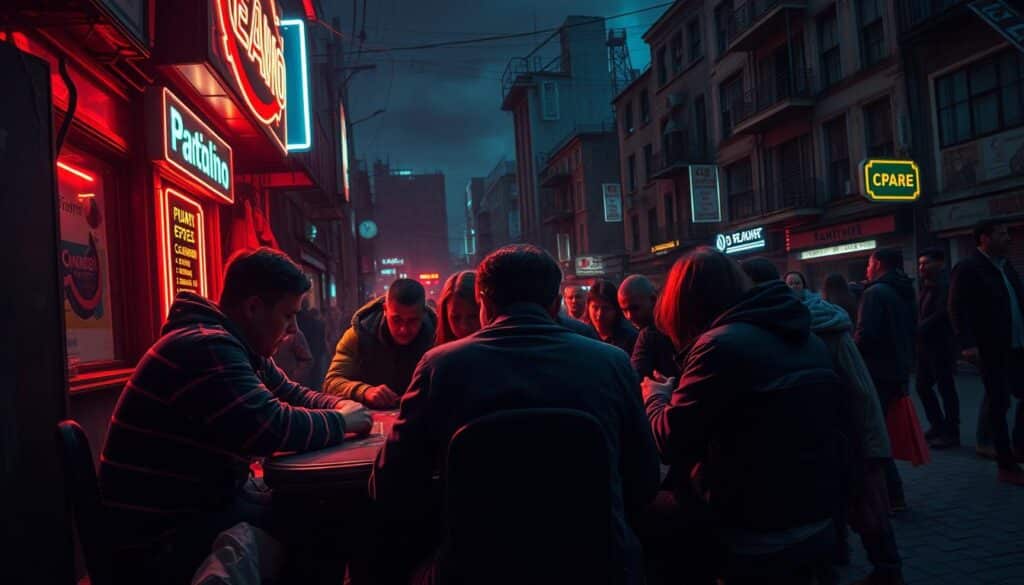 A dimly lit urban setting, with neon signs and shadows casting a grim atmosphere. In the foreground, a group of individuals huddled around a makeshift gambling table, their faces etched with desperation. Behind them, families huddle in the shadows, their expressions reflecting the toll of addiction and financial ruin. In the background, a looming sense of societal decay, with boarded-up buildings and a sense of hopelessness pervading the scene. The lighting is harsh, creating deep contrasts and a sense of unease. The overall composition conveys the devastating social consequences of illegal gambling, its grip on individuals and communities.