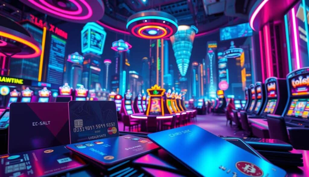 A diverse array of digital payment options available at an online casino, captured with a wide-angle lens in a vibrant, futuristic setting. The foreground showcases various e-wallets, credit/debit cards, and cryptocurrency wallets, all rendered in sleek metallic tones. The middle ground features a virtual casino environment, with neon-lit gaming tables and flashing slot machines. In the background, a dynamic cityscape of towering skyscrapers and floating holograms sets the scene for this high-tech, immersive online gambling experience.