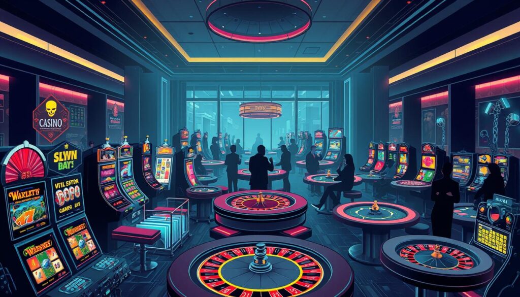 A diverse array of online casino game genres laid out in a meticulously detailed illustration. In the foreground, a vibrant selection of slot machines, roulette wheels, and card tables, showcasing the depth and variety of the gaming experience. In the middle ground, silhouettes of players immersed in their favorite activities, creating a sense of engagement and interactivity. The background features a sleek, contemporary casino interior, with clean lines, subdued lighting, and a touch of glamour, setting the mood for a premium gaming environment. The overall composition conveys the excitement, sophistication, and abundance of choice that characterizes the thrilling world of online casino gaming.
