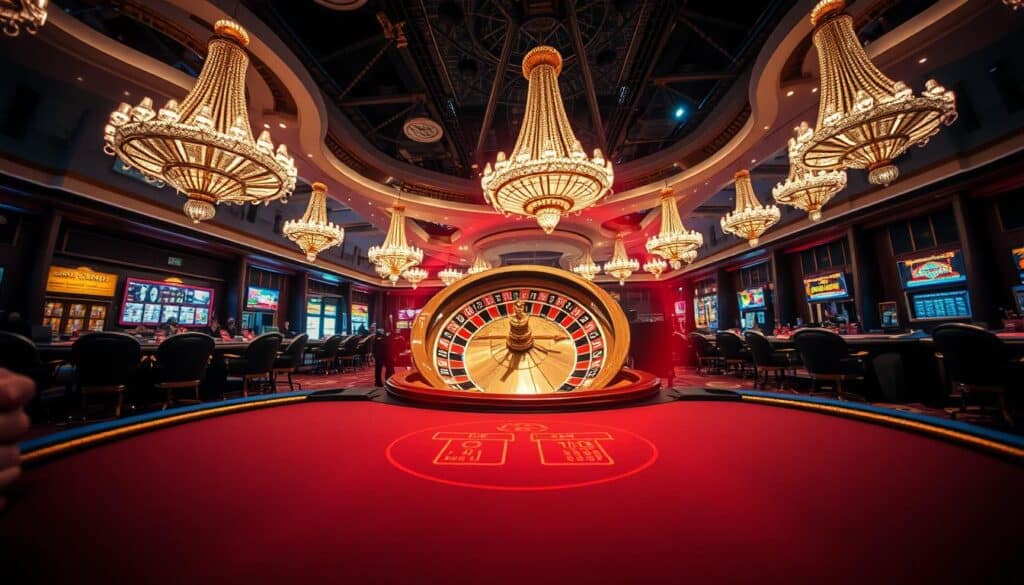 A diverse array of online casino games unfolds in vivid detail, showcasing the impressive range of entertainment options available on a premier gaming platform. In the foreground, a high-stakes poker table captivates players with its intense atmosphere, while in the middle ground, a vibrant roulette wheel spins, its colorful sectors inviting guests to test their luck. In the background, a grand casino interior dazzles with ornate chandeliers, plush furnishings, and a sophisticated ambiance that evokes the thrill of professional-grade gaming. The lighting is warm and inviting, creating a sense of luxury and excitement that permeates the scene. The camera angle provides a panoramic view, immersing the viewer in the dynamic and diversified world of online gaming.