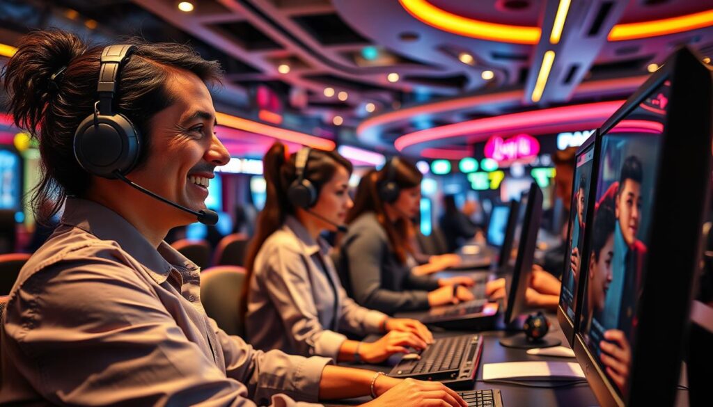A diverse team of customer service representatives assisting customers in an online casino setting. In the foreground, a smiling agent wearing a headset cheerfully interacts with a client on a computer screen. In the middle ground, a multilingual support team collaborates, using a variety of devices and languages to cater to an international customer base. The background features a sleek, futuristic casino interior with neon lights, creating an immersive and high-tech atmosphere. The lighting is warm and inviting, reflecting the casino's welcoming ambiance. The angle is slightly elevated, capturing the busy yet organized workflow of the customer service department, showcasing the versatility and efficiency of the support services.