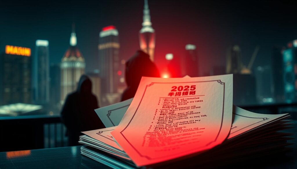 A dramatic, high-contrast image depicting a list of fraudulent online casino operators in Taiwan in the year 2025. The foreground features a stack of official-looking documents with bold, ominous text and seals, casting an eerie red glow. The middle ground shows dark silhouettes of shady figures lurking in the shadows, their identities obscured. The background is a blurred, distorted cityscape at night, hinting at the widespread nature of the problem. The lighting is dramatic, with dramatic chiaroscuro effects, creating a sense of foreboding and urgency. The overall mood is one of investigation, exposure, and the gravity of the situation.