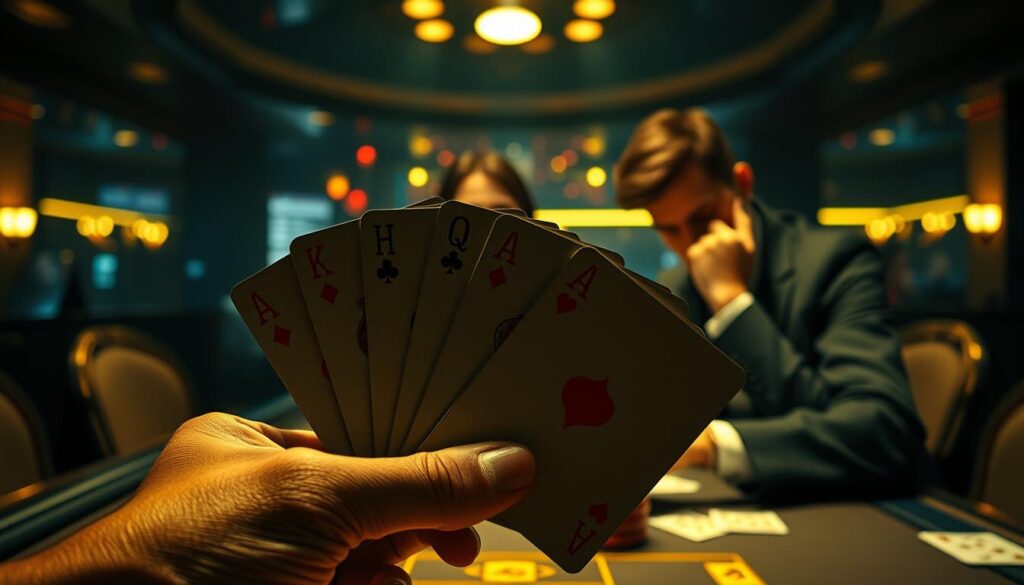 A dramatic scene depicting the interplay between luck and skill in Texas hold'em poker. In the foreground, a player's hand holding a winning poker hand - a royal flush - representing the role of fortune. In the middle ground, a player deep in thought, focusing intently on their cards, symbolizing the importance of skill and strategic decision-making. The background features a dimly lit casino table, creating an atmosphere of high-stakes tension and uncertainty. Warm lighting from overhead casts dramatic shadows, emphasizing the contrast between the elements of chance and mastery. The composition is balanced, with the foreground and middle ground elements in harmony, illustrating the delicate balance between luck and talent in the game of poker.