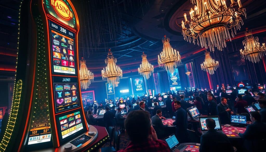 A dramatic scene of an online casino's exceptional events, captured with cinematic flair. In the foreground, a towering jackpot display flashes with dazzling lights, drawing the eye. In the middle ground, players crowd around tables, their faces alight with excitement as they experience thrilling wins. The background showcases the luxurious atmosphere of the casino, with cascading chandeliers and richly-appointed decor. Dramatic shadows and highlights sculpt the scene, creating a sense of high-stakes anticipation. The overall mood is one of electric energy and triumph, capturing the exhilarating moments that make online casino gaming so captivating.