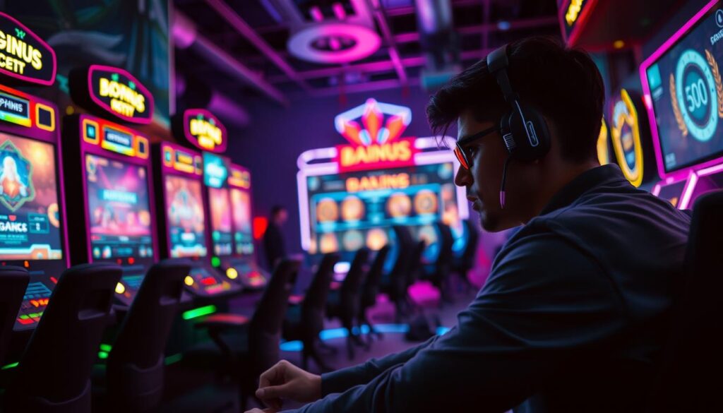 A dynamic and immersive scene depicting the experiences of a successful online casino gamer. In the foreground, a person sits intently at a gaming station, their expression focused and determined. Behind them, a large display shows the various games and progress indicators, highlighting the technical aspects of the experience. In the background, a dimly lit environment with hints of neon lights and sleek, modern design elements creates an atmosphere of excitement and achievement. The lighting is dramatic, casting shadows and highlighting the concentration of the player. The overall composition conveys the thrilling and rewarding nature of mastering online casino gaming strategies.