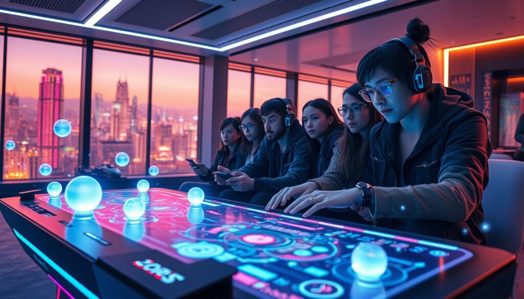 A dynamic and technologically-advanced gaming environment set in the year 2025. Prominent in the foreground, a futuristic game console with touchscreen and gesture-based controls, surrounded by glowing orbs of light and ethereal digital effects. In the middle ground, a group of gamers deeply immersed in the experience, their expressions a mix of focus and excitement. The background features a sleek, minimalist interior with floor-to-ceiling windows overlooking a vibrant cityscape, bathed in a warm, neon-tinged glow. The overall atmosphere conveys a sense of innovation, interactivity, and the seamless fusion of technology and entertainment.