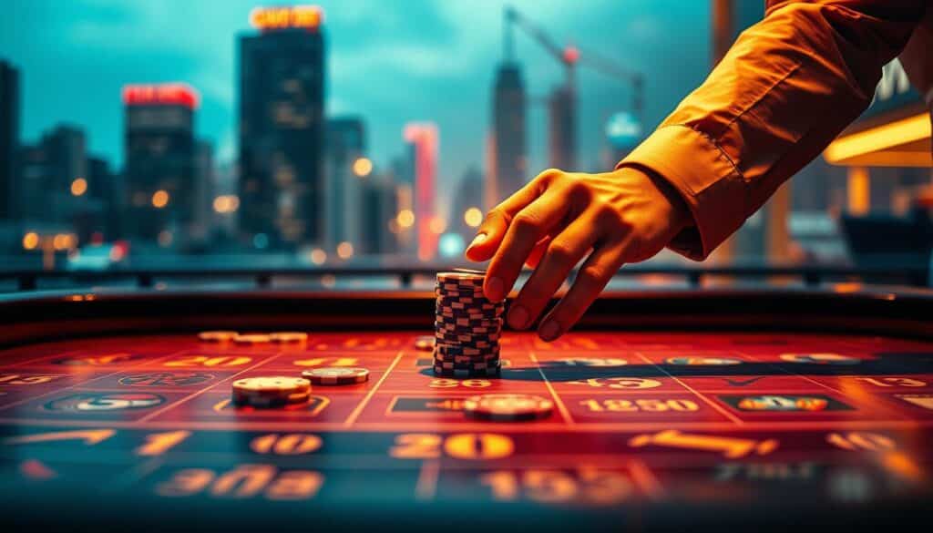 A dynamic and visually engaging online casino gaming table, illuminated by warm, focused lighting that casts a sense of excitement and anticipation. The table surface is a sleek, polished wood, with various casino game icons and graphics subtly embedded within, hinting at the strategic gameplay and opportunities for winning big. In the foreground, a pair of skillful hands are expertly maneuvering casino chips, while the background features a blurred, hazy cityscape, suggesting the high-stakes, urban setting of the online casino experience. The overall composition conveys a balance of technical mastery, thrilling atmosphere, and the promise of rewarding gameplay.