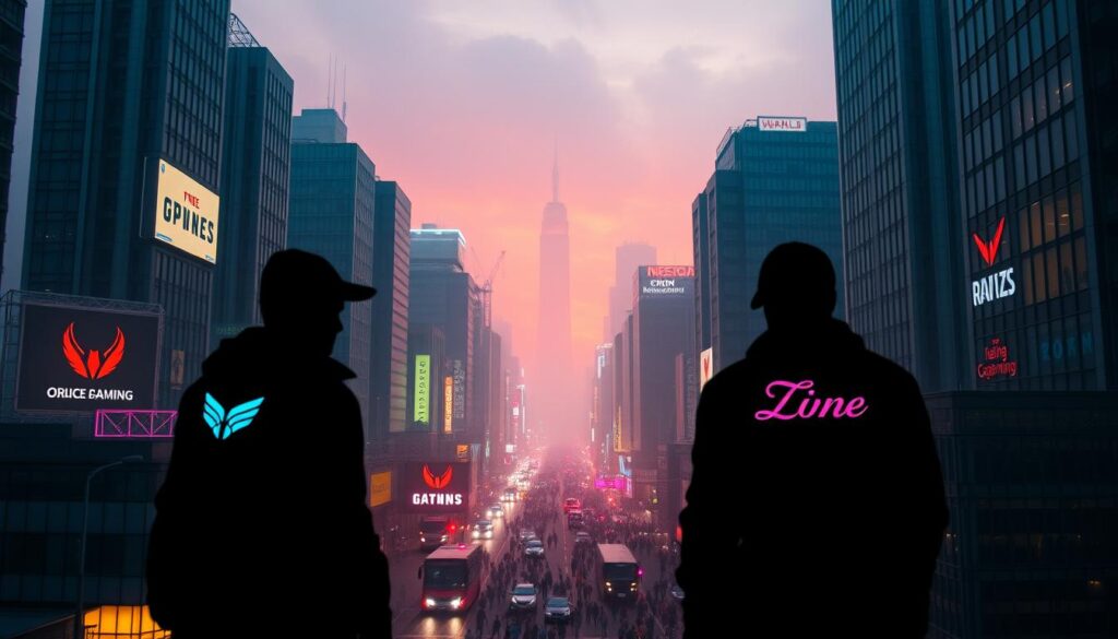 A dynamic cityscape at dusk, with the silhouettes of high-rise buildings framing the frame. In the foreground, three shadowy figures representing competing online gaming companies, their logos illuminated by the neon lights of the city. The middle ground features a bustling street, with crowds of people and vehicles, hinting at the vibrant and competitive nature of the industry. The background is shrouded in a hazy, atmospheric glow, creating a sense of mystery and intrigue. The lighting is dramatic, with shadows and highlights accentuating the dynamic composition. The overall mood is one of intensity, innovation, and the constant drive to stay ahead in a rapidly evolving market.