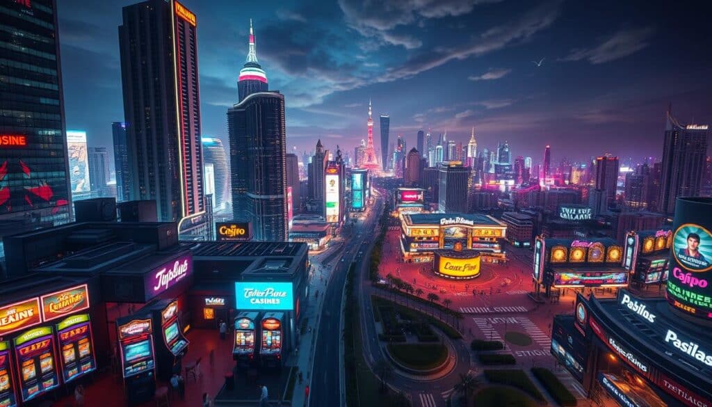 A dynamic cityscape depicting the thriving online casino industry, with towering skyscrapers and neon-lit facades illuminating the night sky. In the foreground, a bustling street scene showcases the diverse array of gaming options, from sleek slot machines to immersive virtual reality experiences. The middle ground reveals a panoramic view of the metropolitan landscape, its winding roads and public squares abuzz with activity. In the background, the skyline is punctuated by the iconic landmarks of this digital entertainment metropolis, hinting at the scale and prominence of the online casino market. The scene is captured with a cinematic wide-angle lens, emphasizing the grandeur and interconnectedness of this thriving industry.