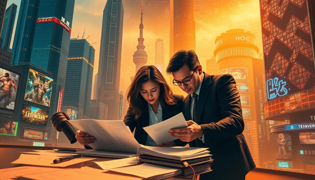 A dynamic cityscape reflecting the evolution of Taiwan's digital gaming landscape, with towering skyscrapers and neon-lit billboards. In the foreground, a team of legal experts pore over documents, their expressions intense as they navigate the changing tides of gaming regulations. The background is a mosaic of iconic game characters, metaphorically representing the industry's transformation. The scene is illuminated by a warm, golden light, conveying a sense of progress and growth, while subtle shadows cast by the buildings hint at the complexities of the shifting legal landscape. The composition draws the viewer's eye towards the central figures, emphasizing the importance of adapting to the dynamic nature of gaming laws and policies.