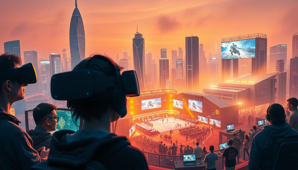 A dynamic cityscape showcasing the evolution of Taiwan's digital gaming industry. In the foreground, a group of gamers engrossed in cutting-edge virtual reality setups, their faces illuminated by the glow of screens. In the middle ground, a bustling esports arena hosting a captivating tournament, spectators cheering on their favorite teams. The background depicts a skyline of sleek, modern buildings, symbolizing the technological advancements that have propelled the industry's growth. Warm, vibrant lighting casts a sense of energy and innovation, while a subtle haze suggests the rapid pace of change. The composition captures the spirit of Taiwan's thriving digital gaming landscape, a testament to its pioneering spirit and technological prowess.