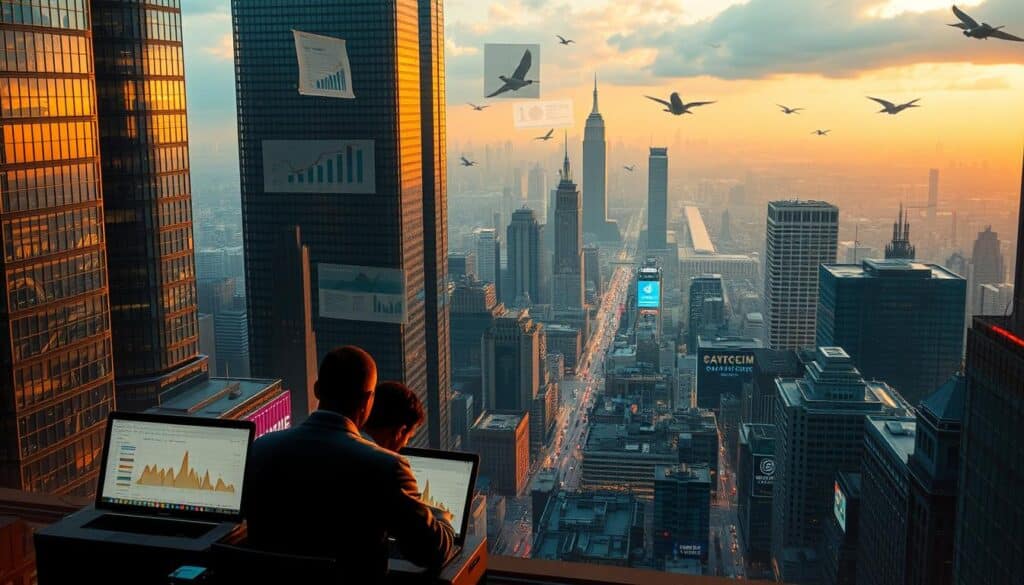 A dynamic cityscape with towering skyscrapers and bustling streets. In the foreground, a team of analysts intently examining data on their laptop screens, surrounded by charts and graphs suspended in midair. The middle ground features silhouettes of rival companies, their logos and branding visible. In the background, a sprawling metropolis bathed in warm, golden light, suggesting the competitive landscape of the SEO industry. The scene conveys a sense of strategic analysis, data-driven decision making, and the fierce battle for online visibility and market share.