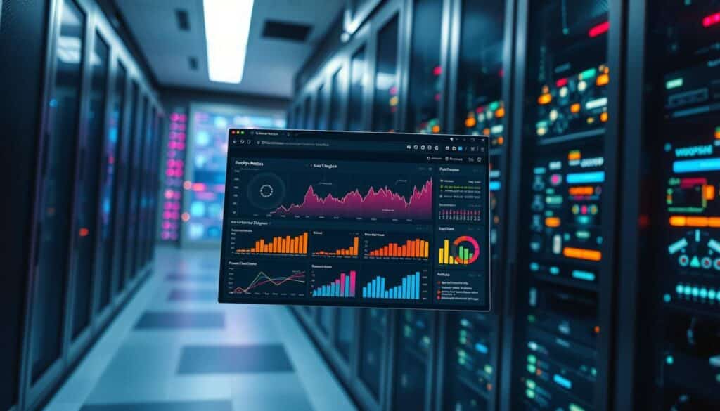 A dynamic data analytics dashboard floats against a backdrop of sleek server racks and glowing circuit boards. In the foreground, a web browser showcases vibrant performance metrics and user behavior insights, illuminating the path to optimizing website efficiency. Soft ambient lighting casts a subtle glow, while the scene is captured with a wide-angle lens to convey a sense of technological prowess and data-driven decision making. The overall mood is one of precision, clarity, and the power of leveraging analytics to drive website improvements.