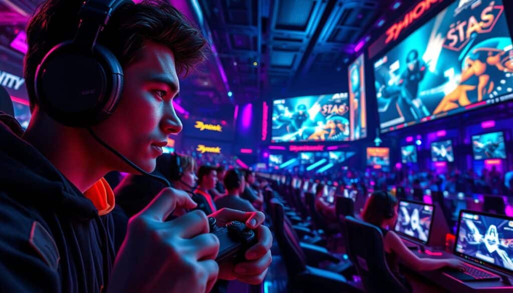 A dynamic esports gaming arena, with players immersed in a thrilling virtual world. In the foreground, an intense gamer grips their controller, their face aglow with concentration. Neon-lit gaming stations populate the middle ground, each station a hub of activity and competition. The background reveals a towering video wall, displaying dazzling esports visuals and live match footage. Vibrant lighting casts a sense of energy and excitement, while sleek, futuristic design elements convey the cutting-edge nature of the esports experience. An atmosphere of adrenaline, skill, and camaraderie permeates the scene, capturing the essence of the dedicated esports player's journey.