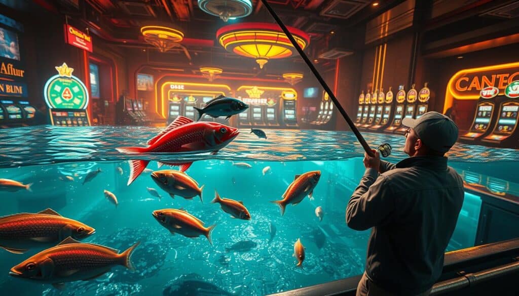 A dynamic fishingnscape depicting a player's successful fishing strategy. In the foreground, a realistic rendering of a fisherman skillfully maneuvering a fishing rod, expertly luring in the catch. The middle ground showcases vibrant, detailed fish swimming in a shimmering, aquamarine environment, with various power-ups and bonuses within reach. The background features an immersive, futuristic casino setting, with neon-lit gaming tables and slot machines, creating an atmosphere of excitement and high-stakes gameplay. Warm, dramatic lighting casts dramatic shadows, emphasizing the tension and thrill of the fishing experience. Crisp, photorealistic details and a cinematic angle capture the intensity and strategic elements of the fishing minigame.