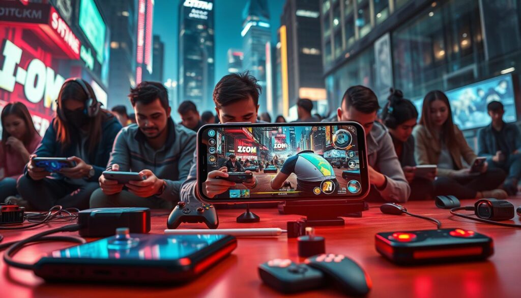 A dynamic, immersive scene of the rise of mobile gaming. In the foreground, a smartphone is prominently displayed, its screen illuminated by vibrant, captivating visuals of a cutting-edge mobile game. Surrounding the device, various gaming accessories and peripherals create a sense of an evolving, tech-savvy ecosystem. In the middle ground, a diverse array of mobile gaming enthusiasts, from casual players to hardcore gamers, engage with their devices, their expressions conveying the thrill and excitement of the mobile gaming experience. The background is filled with a sleek, modern cityscape, hinting at the ubiquity and integration of mobile gaming into the fabric of contemporary urban life. The scene is bathed in a warm, ambient lighting that emphasizes the immersive, captivating nature of the mobile gaming revolution.