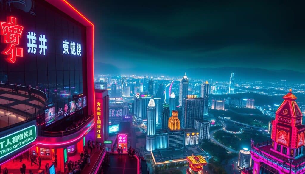 A dynamic landscape of gambling trends and industry insights, showcasing the latest developments in Taiwan's most captivating entertainment hubs. A cinematic composition with a vibrant color palette, capturing the excitement and innovation of the booming casino gaming sector. In the foreground, a sleek, modern casino facade with neon-lit signage and bustling patrons. In the middle ground, a bird's-eye view of a thriving metropolis, its skyline dotted with towering casino resorts. The background is a panoramic vista of rolling hills and lush greenery, hinting at the diverse recreational offerings beyond the gaming floor. Dramatic lighting casts dramatic shadows, amplifying the sense of energy and possibility within this evolving industry.