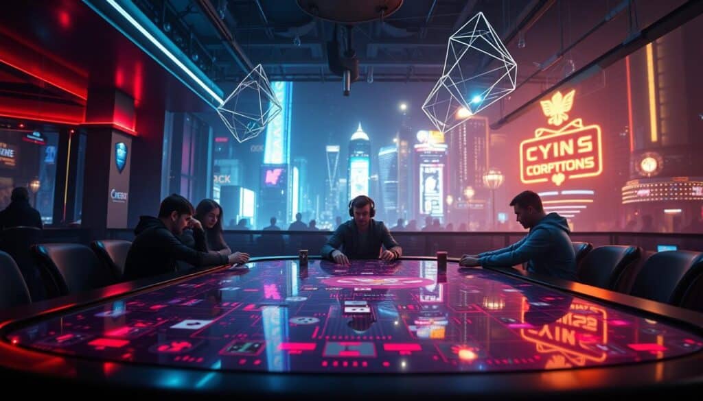 A dynamic poker table against a backdrop of transparency and fairness. The table's surface reflects a vibrant, neon-lit cityscape, hinting at the excitement of online poker tournaments. In the foreground, digital avatars of players engage in lively competition, their faces obscured by the glow of the screen. Overhead, ethereal data streams and floating geometric shapes symbolize the transparency and impartiality of the gaming platform. A sense of technological innovation and fair play permeates the scene, creating an immersive and engaging atmosphere for the online poker enthusiast.