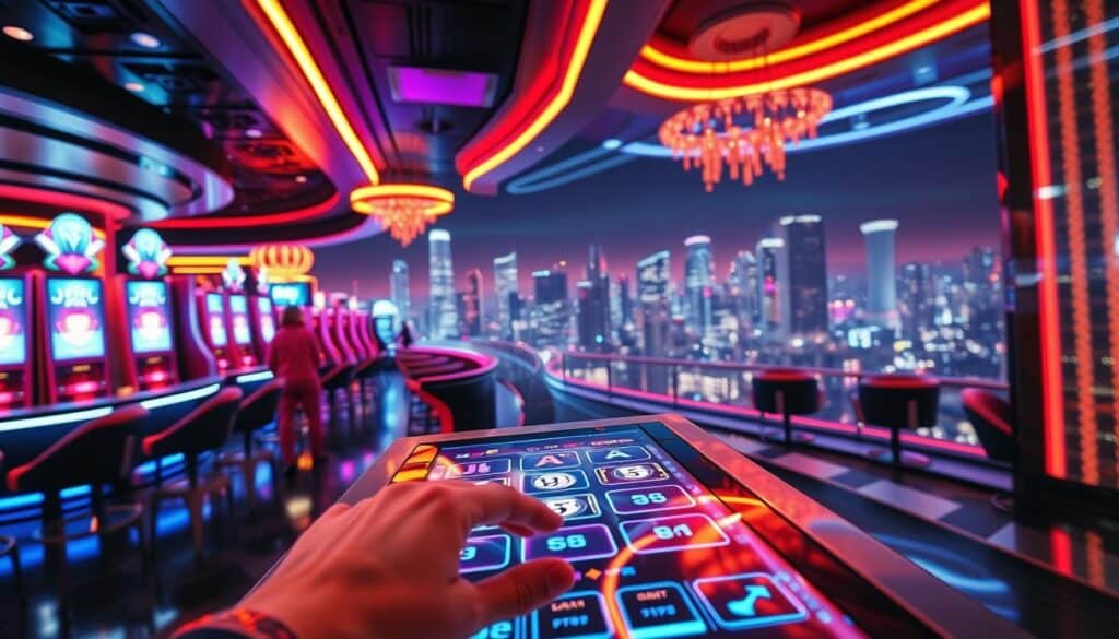 A dynamic real-time online casino game scene, featuring a vibrant and immersive atmosphere. In the foreground, a player's hand hovers over a touchscreen interface, anticipating the instant payout of a jackpot win. The middle ground showcases a sleek, modern casino interior with polished surfaces and neon-accented lighting, creating an energetic and captivating ambiance. In the background, a panoramic view of a bustling city skyline at night, with skyscrapers and twinkling lights, conveys a sense of excitement and the thrill of urban entertainment. The overall composition evokes a seamless blend of technology, luxury, and the allure of immediate financial rewards.