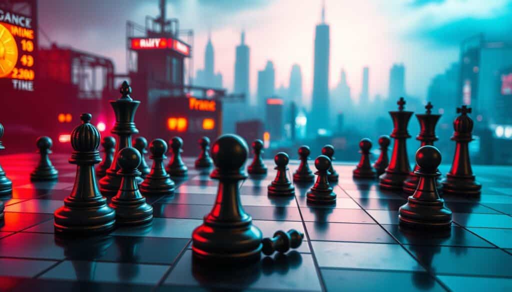 A dynamic, strategic analysis of gaming mechanics, visualized through a composition featuring a central chessboard or game grid. The foreground showcases intricate game pieces, each representing a key element of gameplay, such as risk, reward, and decision-making. The middle ground depicts a stylized, futuristic cityscape, hinting at the technological advancements and immersive environments of modern gaming. The background sets the mood with a vibrant, neon-infused palette, evoking the excitement and energy of the gaming industry. Lighting and composition should convey a sense of depth, complexity, and the deep, analytical thought process involved in crafting winning gaming strategies.