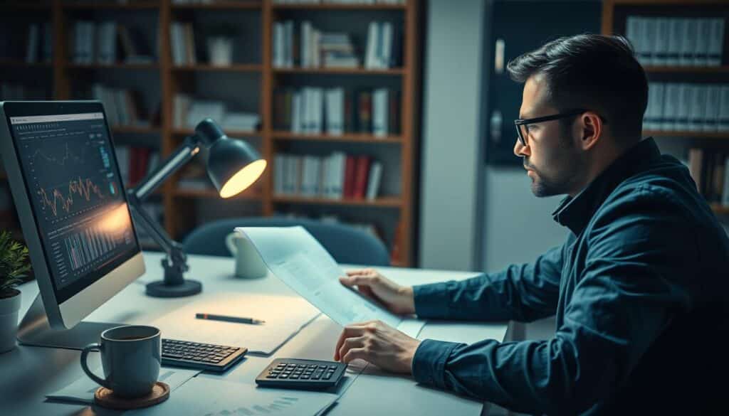 A financial management strategy unfolds in a serene office setting. In the foreground, a person contemplates investment portfolios, meticulously analyzing data on a sleek desktop computer. Soft, directional lighting accentuates the decisive yet concentrated expression. The middle ground features neatly organized financial documents, a calculator, and a coffee mug, conveying a sense of structured discipline. In the background, bookshelves lined with financial literature hint at a wealth of knowledge. The overall atmosphere is one of thoughtful deliberation, where prudent decision-making and attention to detail are paramount in crafting a successful financial management approach.
