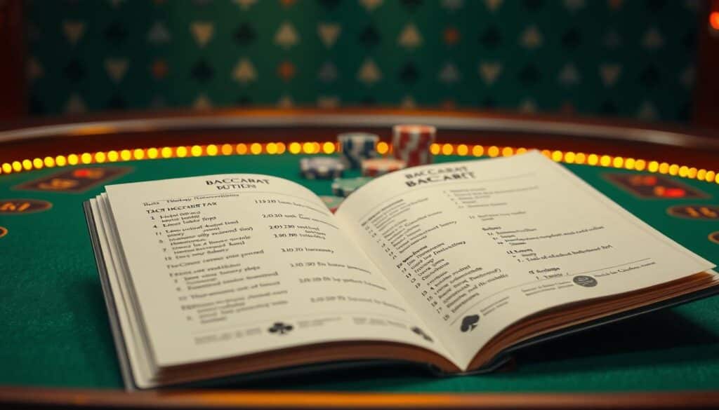 A finely crafted casino table with a green felt surface, illuminated by warm, subtle lighting. In the foreground, an open book detailing the various baccarat betting options and their corresponding probabilities, inviting the viewer to delve into the strategic analysis of the game. The middle ground features a set of casino chips in a range of denominations, suggesting the tangible stakes at play. In the background, a subtle pattern of playing card suits adds a touch of elegant design, complementing the overall composition. The overall tone conveys a sense of thoughtful contemplation, guiding the viewer through the intricacies of baccarat decision-making.