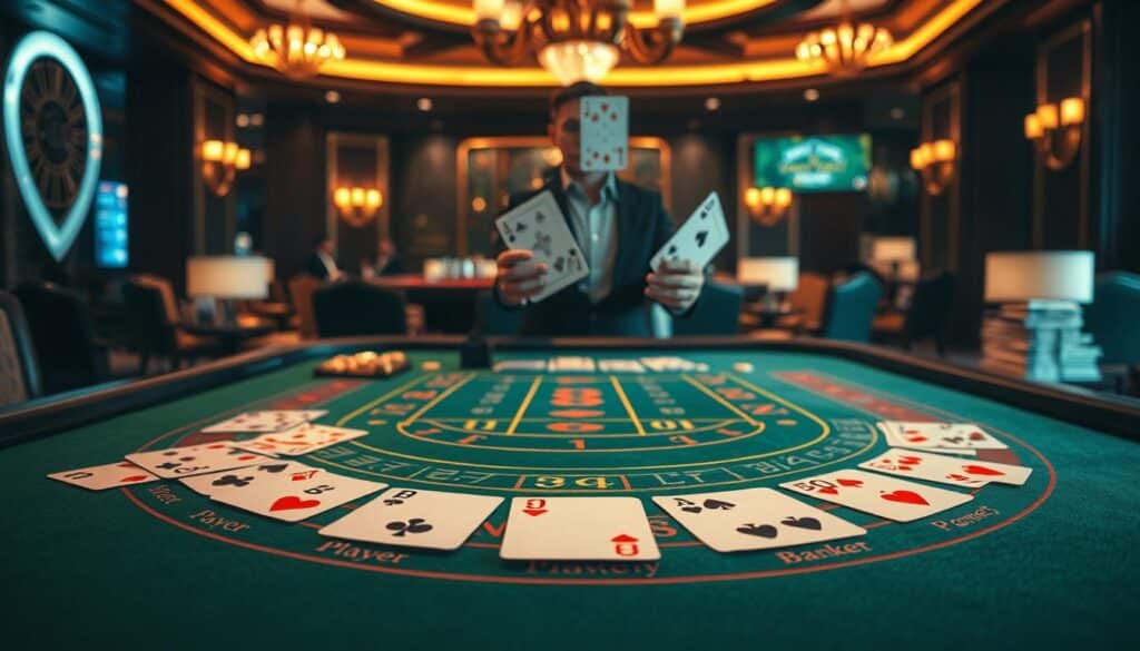 A finely detailed tabletop scene showcasing the classic game of Baccarat. In the foreground, the elegant green felt casino table with the familiar Baccarat play area layout, complete with card suits, numbers, and the signature Player and Banker positions. In the middle ground, a dealer's hands dealing cards with precision, the cards appearing to float mid-air. The background features a dimly lit, luxurious casino interior with plush furnishings, warm lighting, and a sense of refined sophistication. The overall atmosphere evokes the thrill and anticipation of a high-stakes Baccarat game, inviting the viewer to step into the heart of this timeless casino classic.