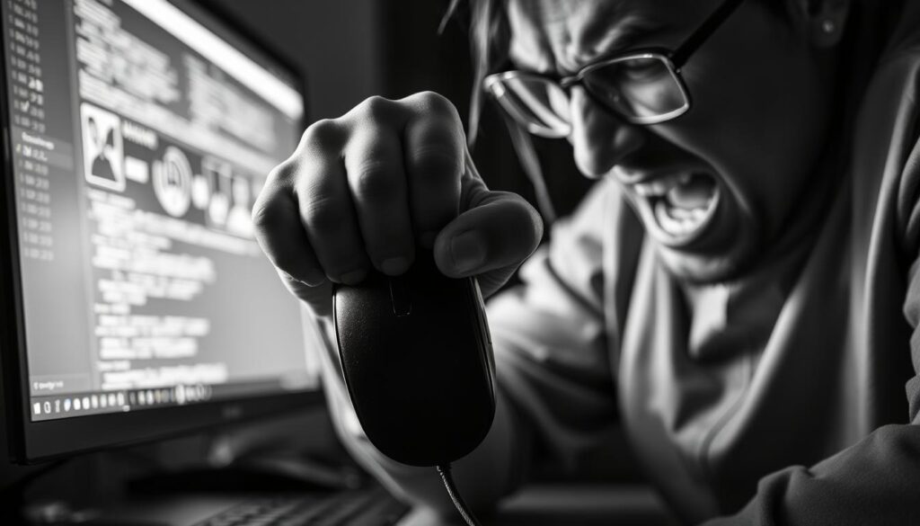 A frustrated user slamming their mouse down in anger, creating a ripple effect of anger and frustration. The scene is captured in a close-up, high-contrast black and white photograph, with dramatic lighting accentuating the user's clenched fist and the intense emotion on their face. The background is blurred, keeping the focus on the user's outburst. The image conveys the intensity and immediacy of a "rage click" on a website, highlighting the need for improved user experience and information architecture.