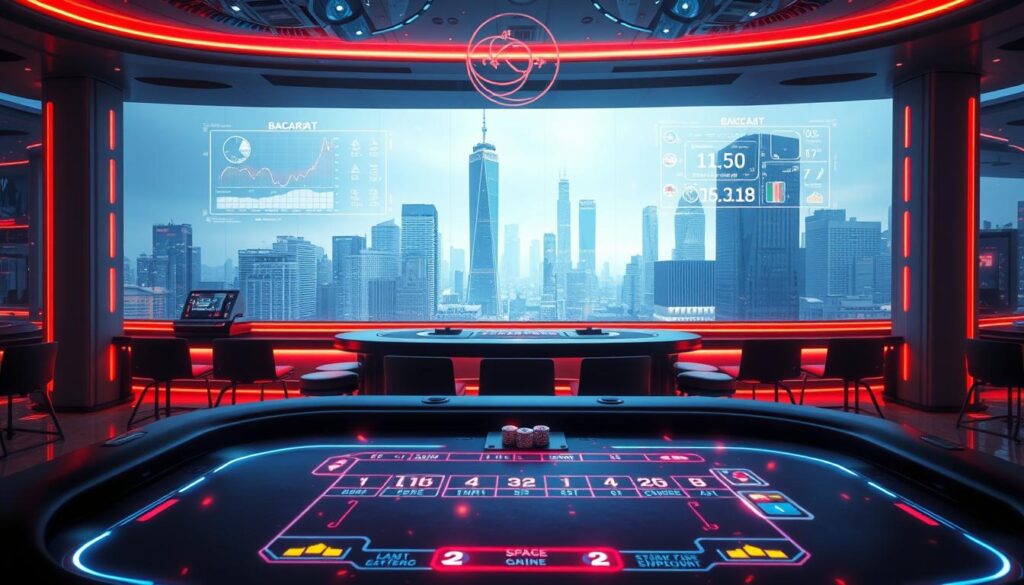 A futuristic casino table with a glowing, neon-lit Baccarat game in the foreground. Holograms and digital interfaces hover above the table, displaying real-time data and statistics. In the background, a panoramic view of a gleaming, high-tech city skyline, with skyscrapers of glass and steel. Soft, cool lighting casts an atmospheric glow, creating a sense of technological sophistication and innovation. The scene conveys a vision of the evolving Baccarat gaming experience, blending traditional casino elements with cutting-edge digital advancements.