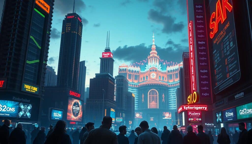 A futuristic cityscape at dusk, with towering skyscrapers and neon-lit billboards advertising online gambling platforms. In the foreground, a group of people huddle around a sleek, holographic interface, their faces illuminated by the glowing displays. In the distance, a massive, holographic casino dominates the skyline, its intricate architecture and dazzling lights casting a mesmerizing glow over the entire scene. The atmosphere is one of technological sophistication and the allure of easy riches, tinged with a sense of unease and the looming uncertainty of the industry's future. Soft, warm lighting creates a dreamlike quality, hinting at the addictive nature of the digital vice. The overall composition conveys the dual nature of online gambling - the promise of excitement and wealth, tempered by the potential for personal and societal ruin.